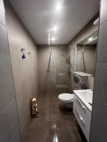 a bathroom with a toilet, sink, and shower stall at Apartamenty na Nadmorskiej in Władysławowo
