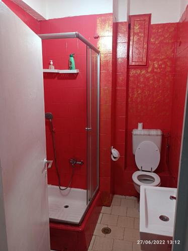 a red bathroom with a shower and a toilet at Sweet central apartment in Bucharest