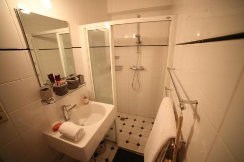 a white bathroom with a shower and a sink at B&B de singel in Utrecht
