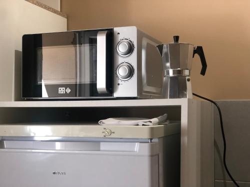 Un four micro-ondes est installé au-dessus d'un réfrigérateur. dans l'établissement Appart-Studio Daniella, à Blois