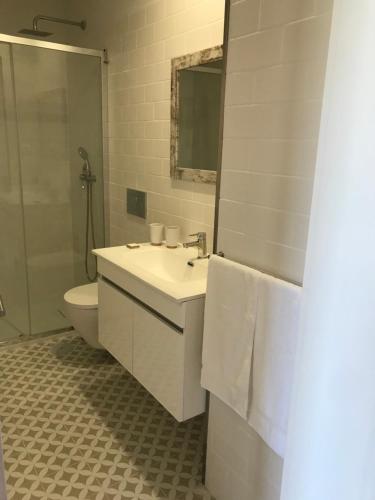 bagno con lavandino, servizi igienici e specchio di Casa Girasol River View a Porto