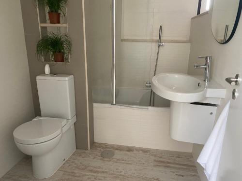 a bathroom with a toilet and a sink and a shower at Villa Sesimbra in Sesimbra