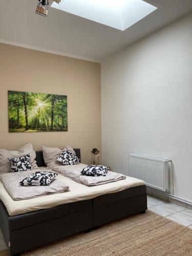 a bedroom with a bed with pillows on it at Naturnahes, neu möbl.Apartment, hundefreundlich in Neu Gaarz