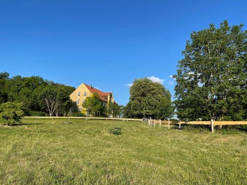 a large grass field with a house in the background at Naturnahes, neu möbl.Apartment, hundefreundlich in Neu Gaarz