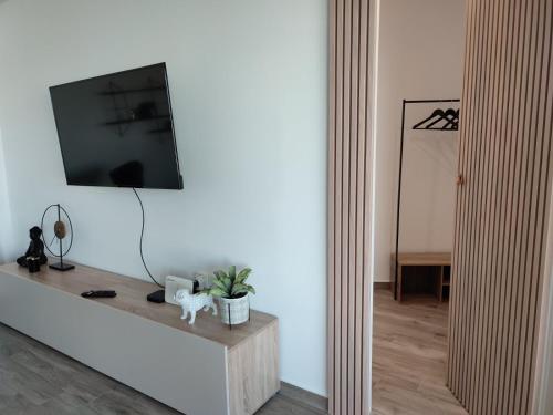 TV a/nebo společenská místnost v ubytování VagiaNa apartment Διαμέρισμα κοντά στο αεροδρόμιο