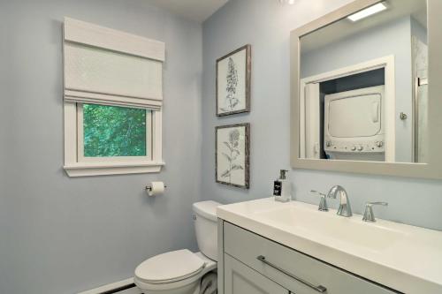 a bathroom with a toilet and a sink and a mirror at Near Skiing and Hiking Gouldsboro Home with Hot Tub in Gouldsboro