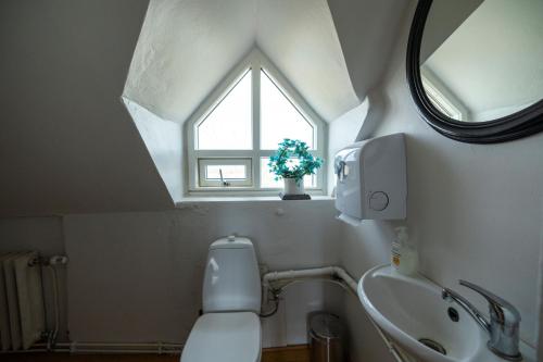 a bathroom with a toilet and a sink and a window at Heidi Guesthouse in Selfoss