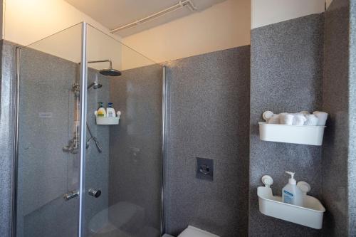 a bathroom with a shower with a glass shower stall at Heidi Guesthouse in Selfoss