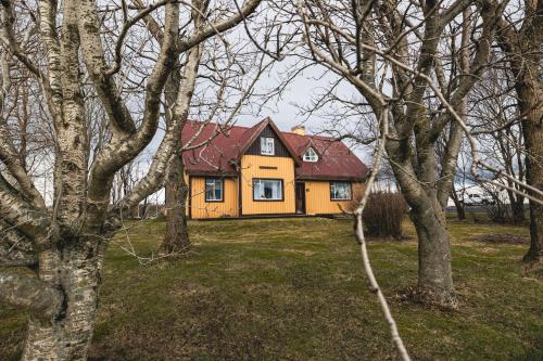 a yellow house with a red roof in the woods at Heidi Guesthouse in Selfoss