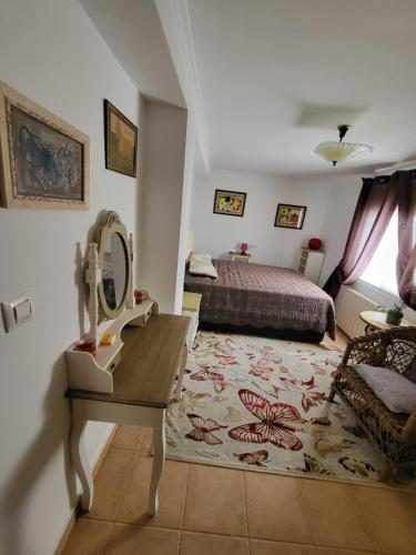 a bedroom with a bed and a dressing table with a mirror at Aпартаменты на Ortenbach in Casas de Torrat