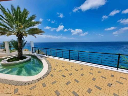 a palm tree sitting on top of a building next to the ocean at Yemaya Villa Curaçao Unique-Oceanfront-Private stairway to sea! in Willemstad