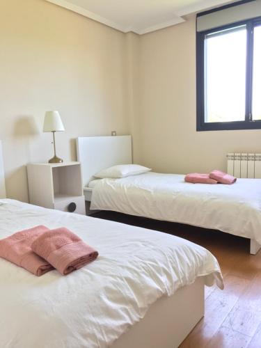 a bedroom with two beds and a window at Apartamento Olmeca in Santander