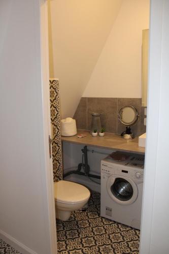 uma casa de banho com um WC e uma máquina de lavar roupa em Dans maison de charme, bel appartement privatif em Saint-Laurent-de-Brévedent