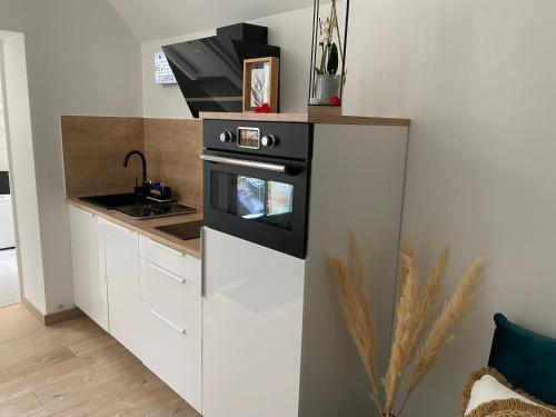 Il comprend une cuisine équipée d'un four noir et d'un comptoir. dans l'établissement Trog'Love: Balnéo détente dans une troglodyte, à Tours