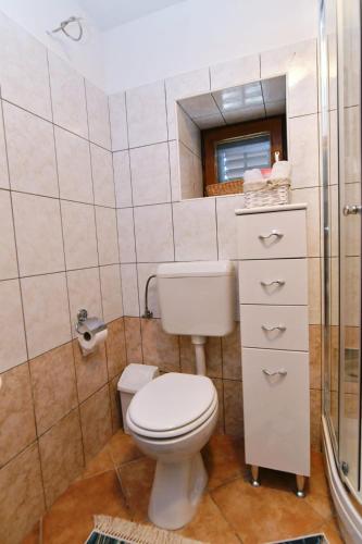 a bathroom with a white toilet and a shower at Freya's Apartments Medulin in Medulin