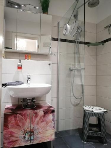 a bathroom with a sink and a shower at Ferienhaus am See mit Ruderboot in Mustin