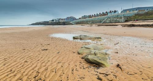 a sandy beach with some rocks in the sand at The Royal Hotel in Whitley Bay