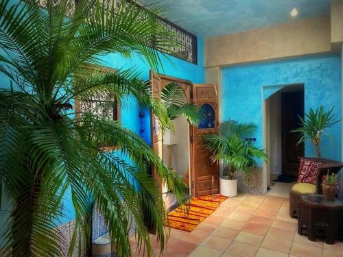 a living room with blue walls and palm trees at Riad Agraba, 1001 nights in Lomm