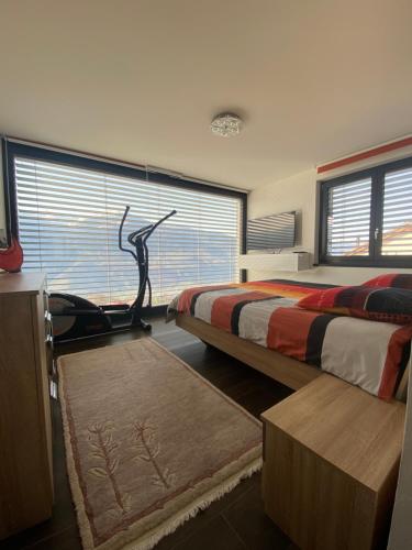 1 dormitorio con 2 camas y ventana en Villa luxueuse à 10 minutes de Crans-Montana, en Crans-Montana