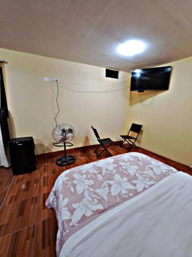 a bedroom with a bed and a fan and chairs at La Ruta in Paracas