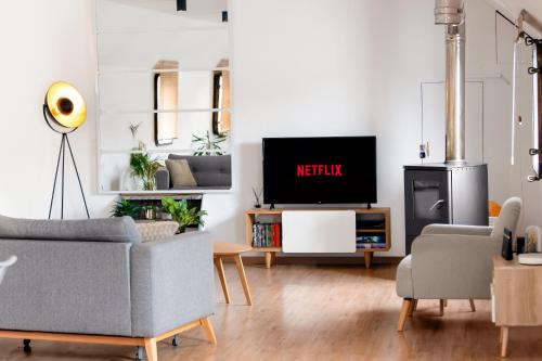 uma sala de estar com uma televisão e um sofá em Arcadia - Péniche de Standing à Namur avec vue sur la Citadelle em Namur
