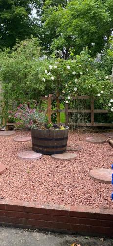 a garden with a large planter with flowers in it at NC500, Wick Caithness Holiday Home in Wick