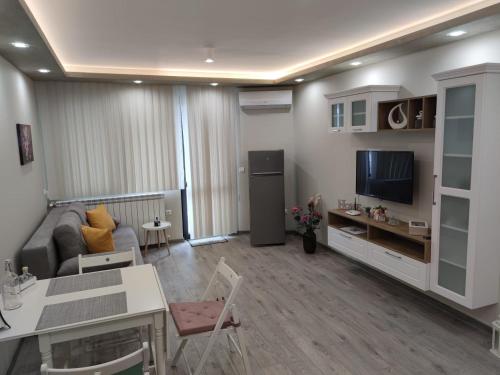 a living room with a couch and a television at Flowers Apartment in Dobrich