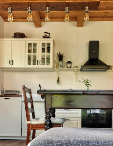 a kitchen with a wooden table in a room at Lavanda Garden Apartment in Bzenica