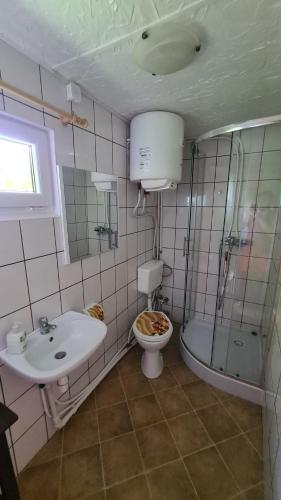 uma casa de banho com um lavatório, um WC e um chuveiro em Domek u Heleny em Jeleniewo