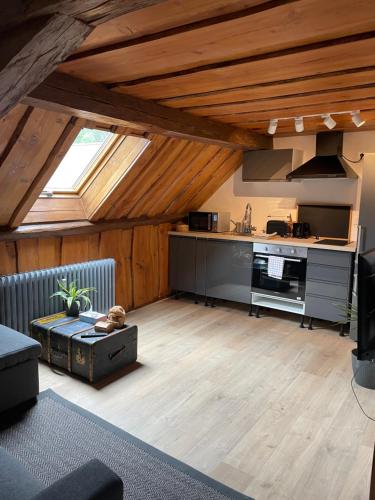 un salon avec une cuisine et un grenier dans l'établissement Appartement 3 pieces centre du Hohwald # 201, au Hohwald