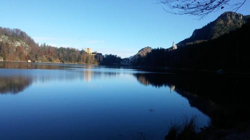 a large body of water with trees and mountains at Ferienwohnung Schreieck Maria in Hofen