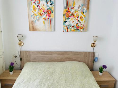 a bedroom with a bed and two paintings on the wall at Apartamento San Pascual, 289 in Torrevieja