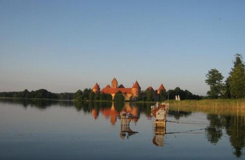 an island in the middle of a lake with a house at Ezerkiemis in Trakai