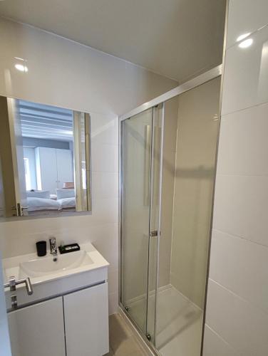 a bathroom with a shower and a sink and a mirror at WLoft in Vila Nova de Gaia
