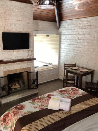 a bedroom with a bed with a fireplace and a television at Chalé das Orquídeas in Monte Verde