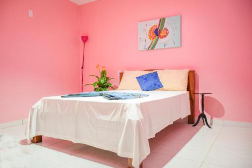 a bedroom with a pink wall and a bed at Passarela do Caranguejo PB in Conde