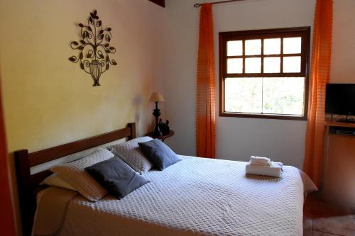 Schlafzimmer mit einem Bett und einem Fenster in der Unterkunft Refúgio dos Pássaros in Santo Antônio do Pinhal