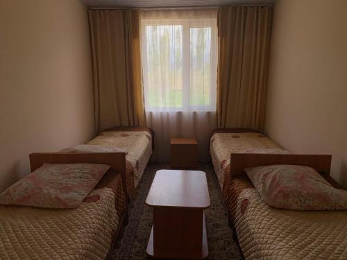 a room with two twin beds and a window at Guest house Aidyn-Kul in Toguz-Bulak