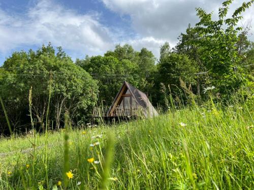 a small wooden cabin in a field of grass at GLAMPING WOLF MOUNt in Margahovit