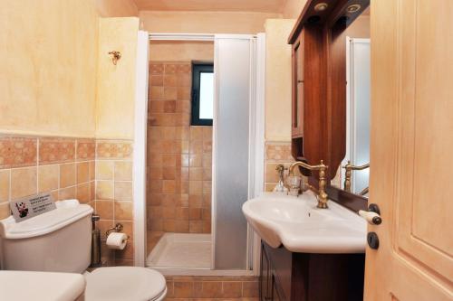 y baño con aseo, lavabo y ducha. en Big Blue Villa, en Sounio