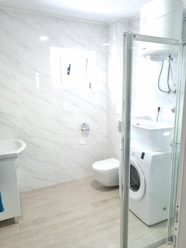 La salle de bains blanche est pourvue de toilettes et d'un lavabo. dans l'établissement Apartman Marko, à Šibenik