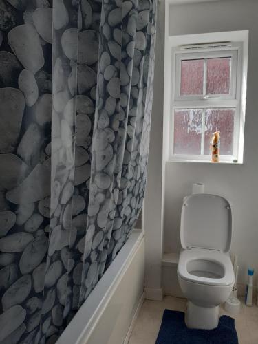 a bathroom with a toilet and a window at Our Guests Are Royal (KE) in Higham Ferrers