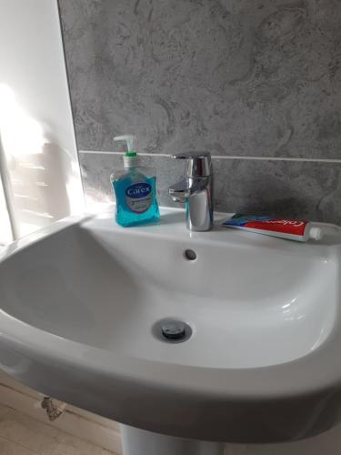 a white bathroom sink with a bottle of soap on it at Our Guests Are Royal (KE) in Higham Ferrers