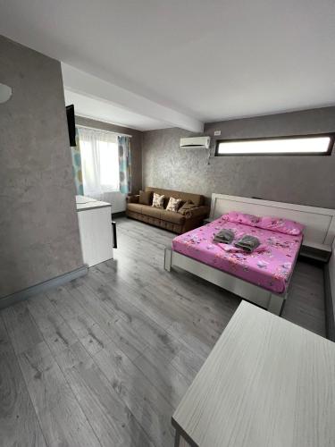 a living room with a pink bed and a couch at Casa Florenta in Venus