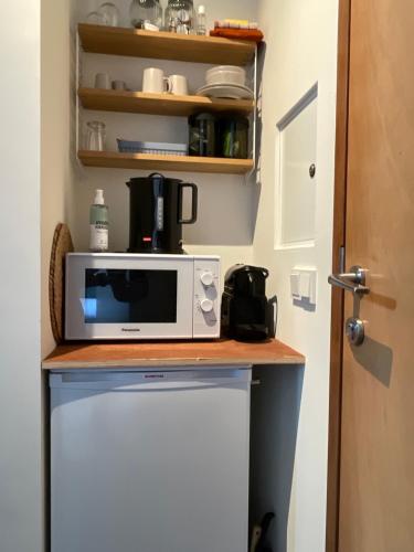 a microwave on top of a refrigerator in a kitchen at Bed & Beach Amsterdam in Amsterdam