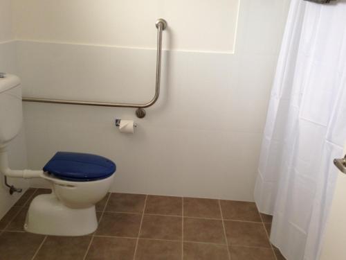 a bathroom with a toilet with a blue seat at Crossroads Ecomotel in Port Augusta