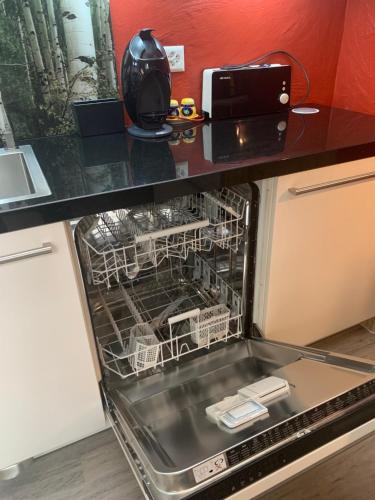 a dishwasher with its door open in a kitchen at Tolles Loft in den Tessiner Bergen in Corcapolo