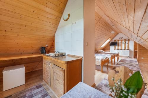 a kitchen and living room in a log cabin at Pokoje nad Czarną Wodą Agroturystyka in Jaworki