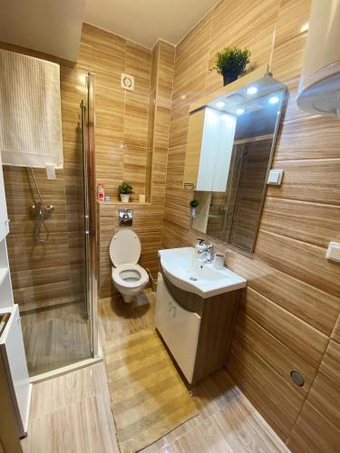 ein Badezimmer mit Toilette, Waschbecken und Dusche in der Unterkunft Nirvana Lux Apartman Zlatar in Brdo