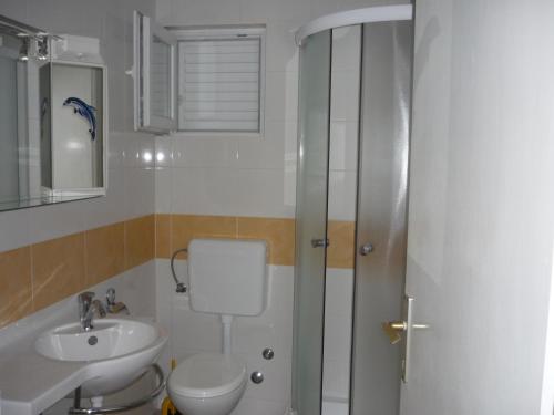 a bathroom with a shower and a toilet and a sink at Apartmani MILLE in Starigrad